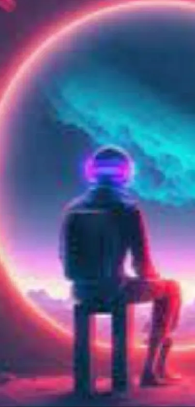 Astronaut bathed in neon light in space.