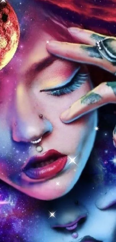 Surreal cosmic dreamscape with vibrant colors and galaxy elements.