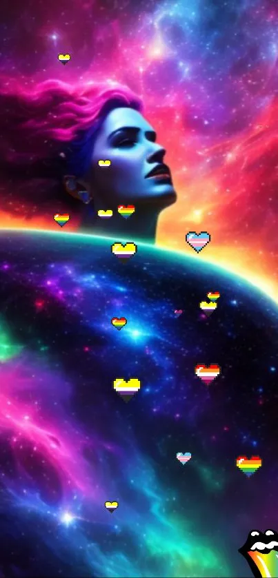 Vibrant cosmic dreamscape with colorful hearts