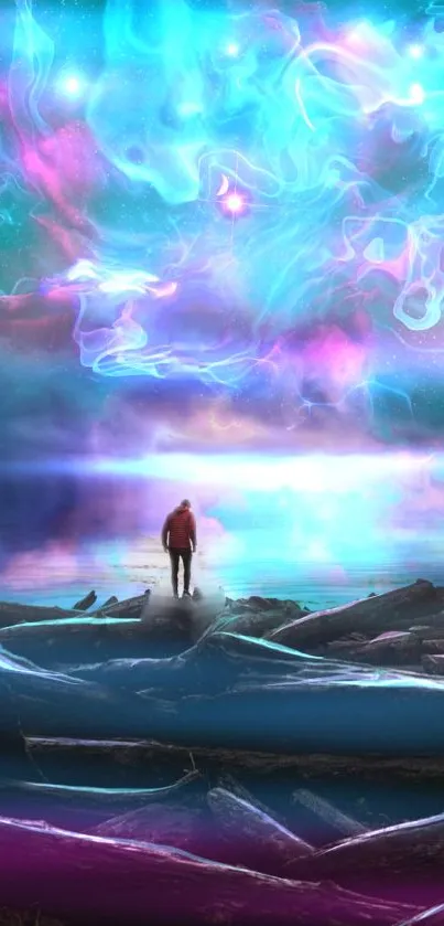 Cosmic dreamscape with colorful nebula and figure by the water.