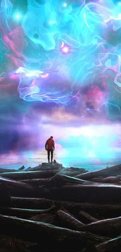 Figure standing under cosmic swirling sky wallpaper.