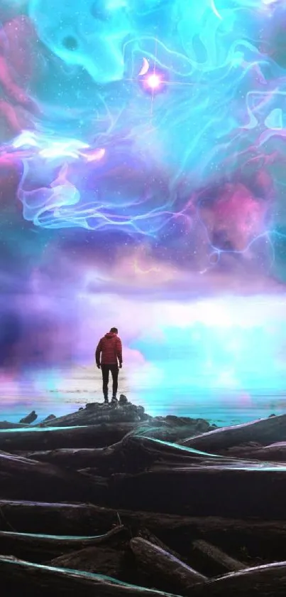 A lone figure stands before a vibrant cosmic sky, rich in colorful hues.