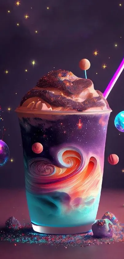 Colorful cosmic drink wallpaper with planets and galaxies.