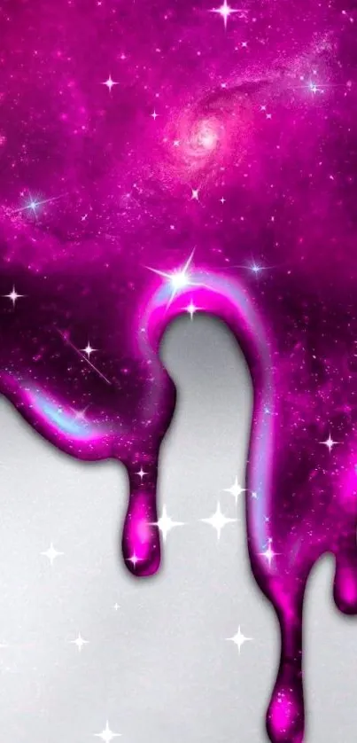 Purple cosmic drip wallpaper with galactic sparkle on mobile screen.