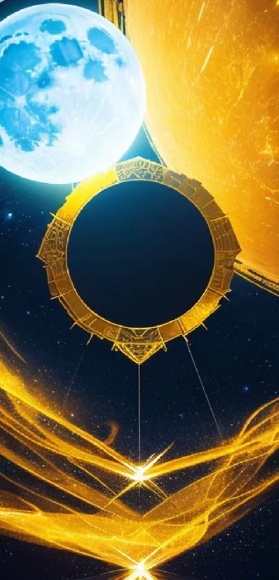 Cosmic art mobile wallpaper with blue moon and golden sun.