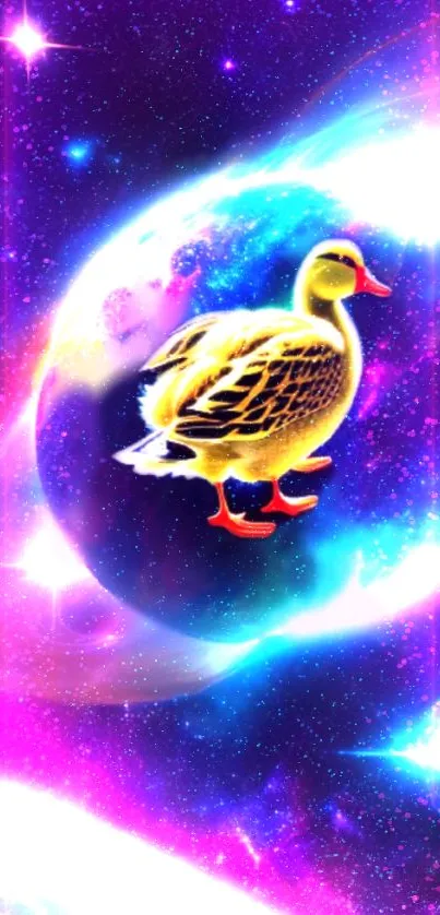 Surreal cosmic wallpaper featuring a duck floating in a colorful space scene.