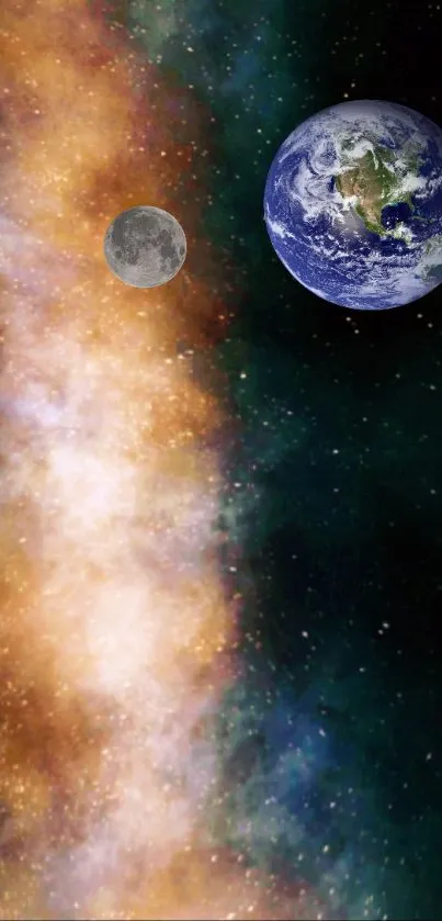 Mobile wallpaper with Earth, Moon, and galaxy in a rich cosmic setting.