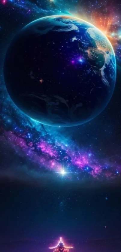 Colorful galaxy wallpaper with Earth and cosmic backdrop.