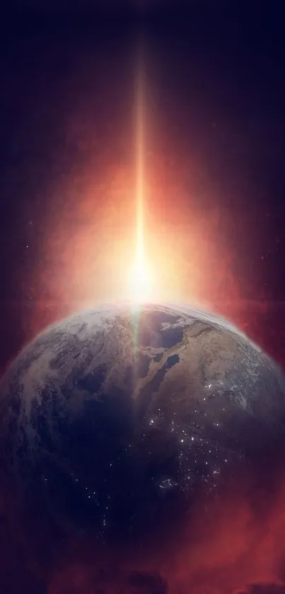 Dark Earth with glowing cosmic light at sunrise in space.
