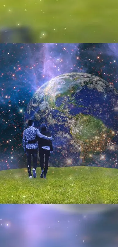 Two figures stand on a field overlooking Earth in space.