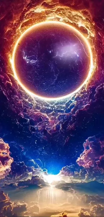 Vibrant cosmic eclipse fantasy art with celestial design for mobile wallpaper.