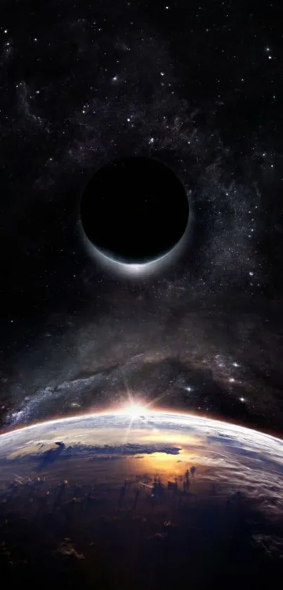 Dynamic cosmic eclipse scene with Earth and stars.