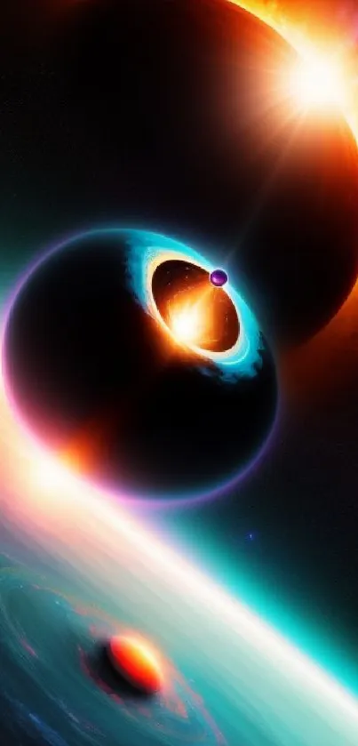 Mobile wallpaper with a stunning cosmic eclipse and vibrant planets.