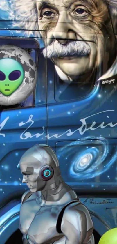 Einstein, alien, and robot on cosmic themed background.