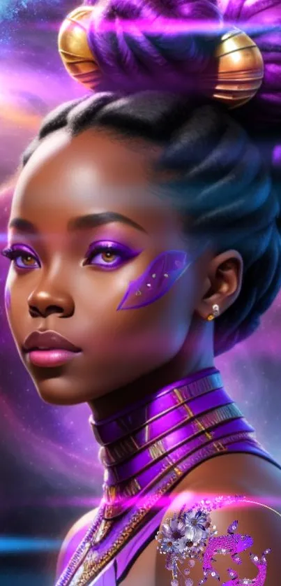 Cosmic themed wallpaper with futuristic woman in vibrant colors.