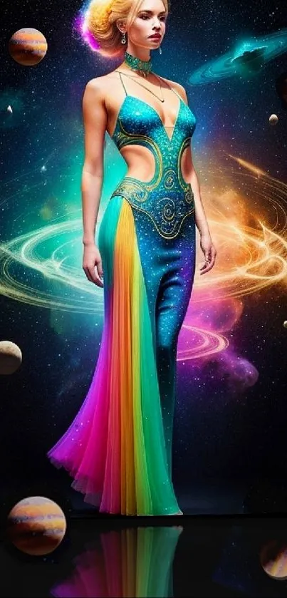 Colorful cosmic-themed wallpaper with model in galaxy dress.