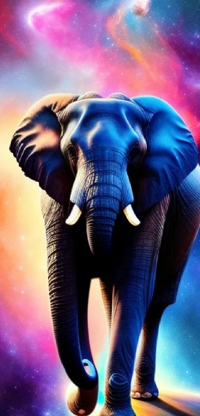 Vibrant cosmic elephant standing against a nebula backdrop.