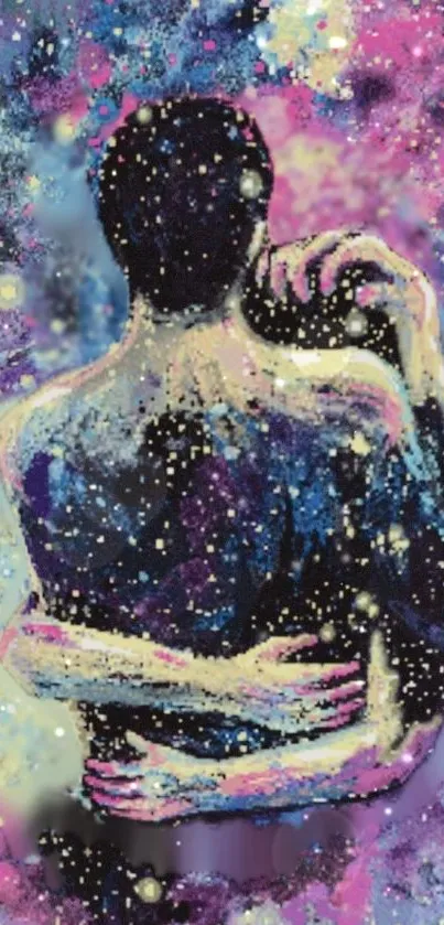 Artistic cosmic embrace with purple galaxy background.