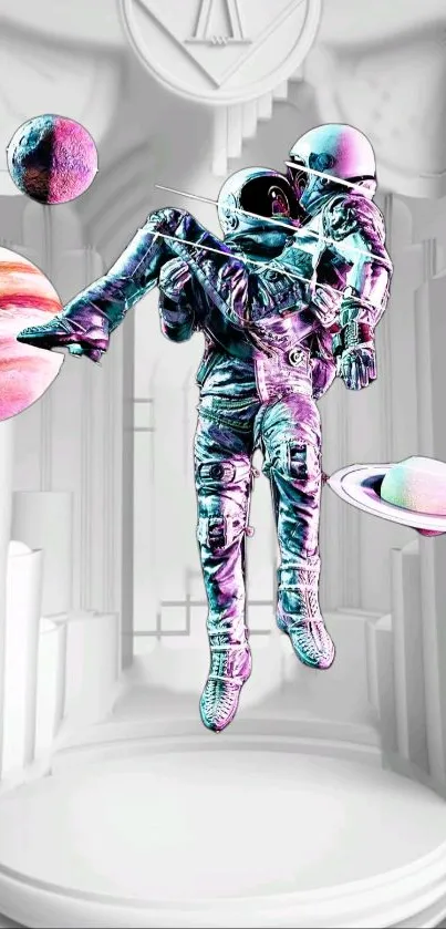 Two astronauts in a vibrant cosmic scene with planets and futuristic design.