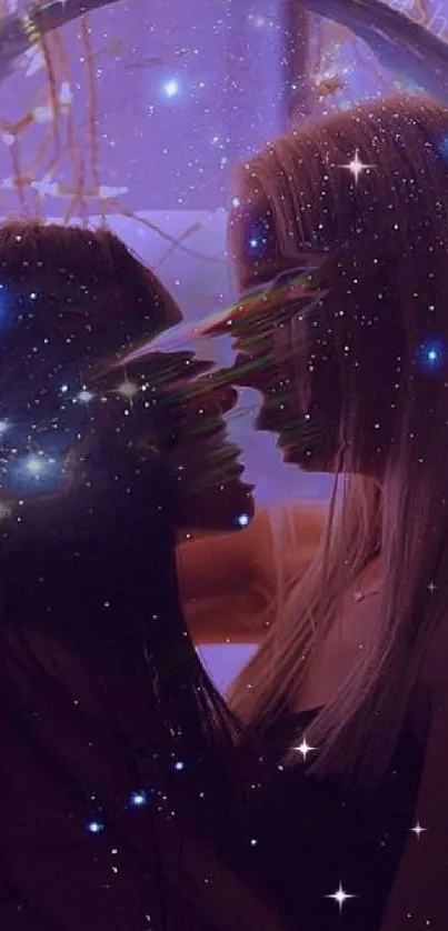 Two figures embrace within a cosmic star-filled scene.