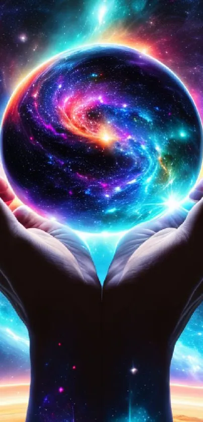 Hands holding a vibrant swirling galaxy with a colorful cosmic background.