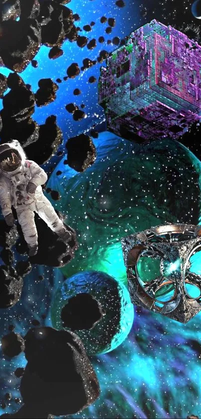 Astronaut floating in a cosmic, colorful abstract space scene.