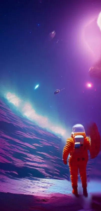 Astronaut on a colorful alien planet with a starry cosmic sky.