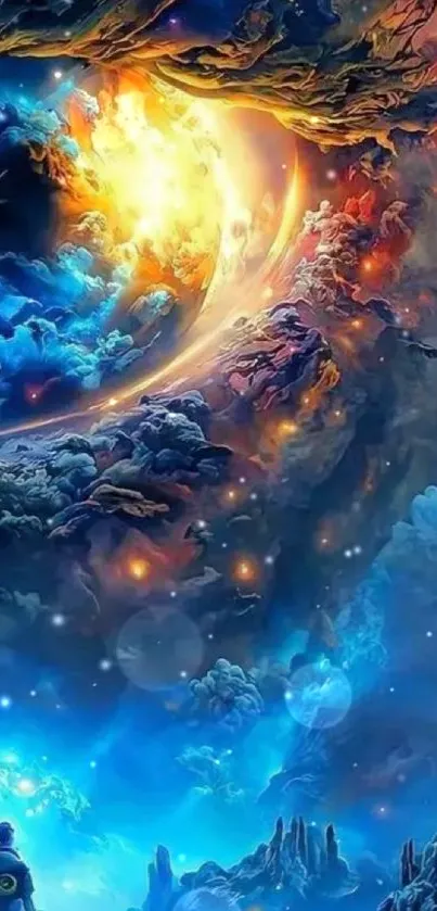 Fantasy cosmic scene with a lone explorer beneath swirling galaxies.