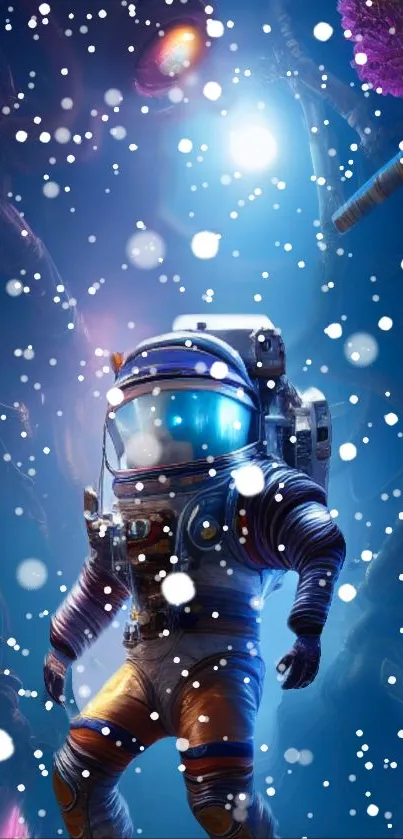 Astronaut in vibrant blue cosmic scene with snow-like particles surrounding.