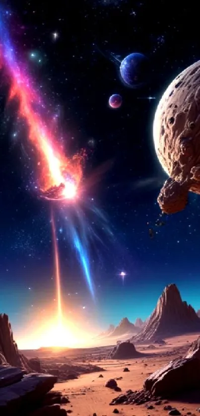 A colorful cosmic explosion in an alien landscape with planets and stars.