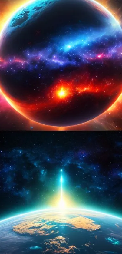 Vibrant cosmic explosion scene with colorful planets and nebulae for mobile wallpaper.