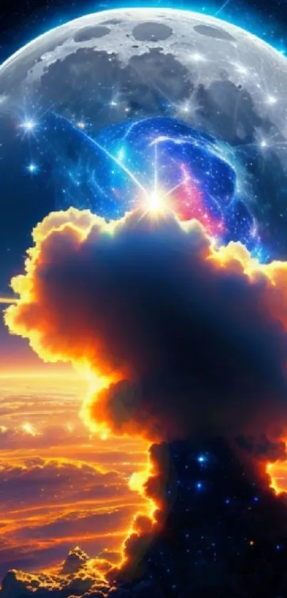 Surreal cosmic wallpaper featuring colorful explosion and moon.