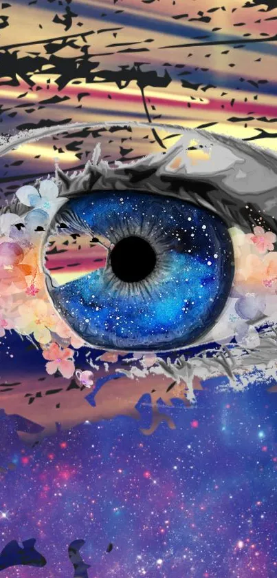 Artistic cosmic eye with flowers and galaxy