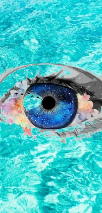 Turquoise cosmic eye with galaxy iris and floral elements on water background.