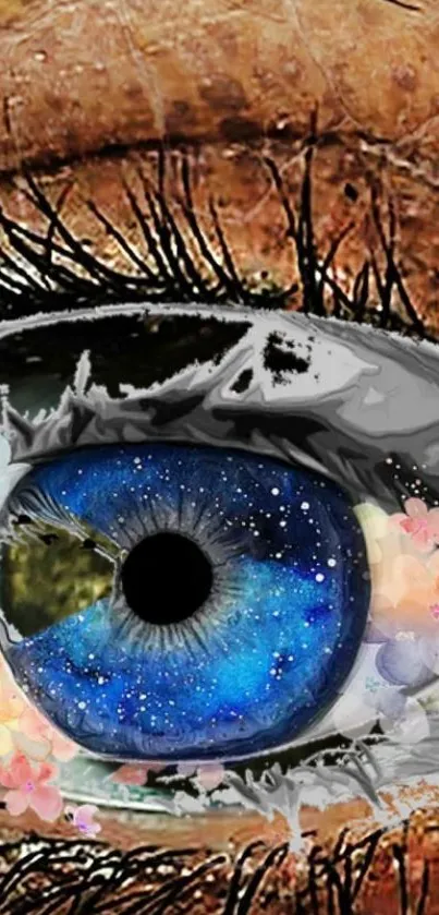 A surreal cosmic eye with stars and flowers, vibrant blues and artistic design.