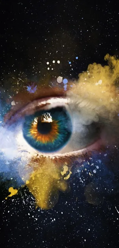 Vibrant cosmic eye art with black background.