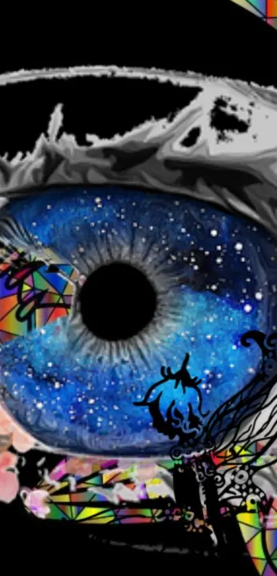 Fantasy cosmic eye wallpaper with galaxy iris and colorful fairy.