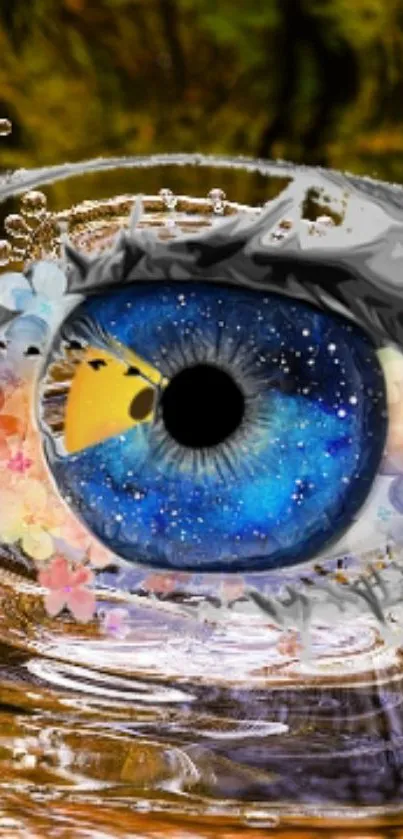 Cosmic eye with floral accents in a surreal, colorful design.