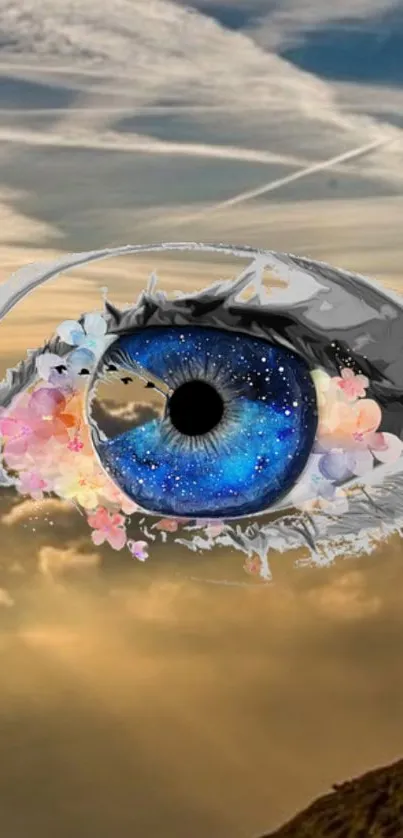 Surreal eye with cosmic and floral design on sky background.