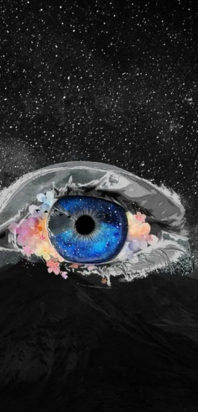 Surreal cosmic eye with galaxy iris in a starry night sky.