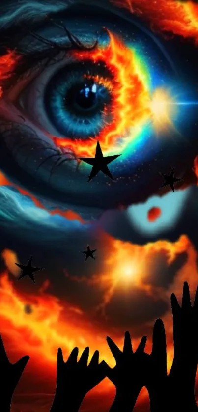 Cosmic eye with fiery colors and stars in a mystical scene.