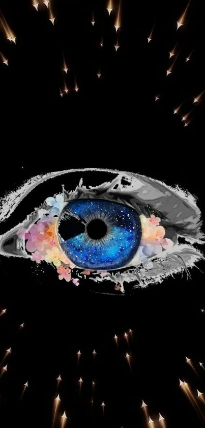 Eye with cosmic design and flowers on black background.