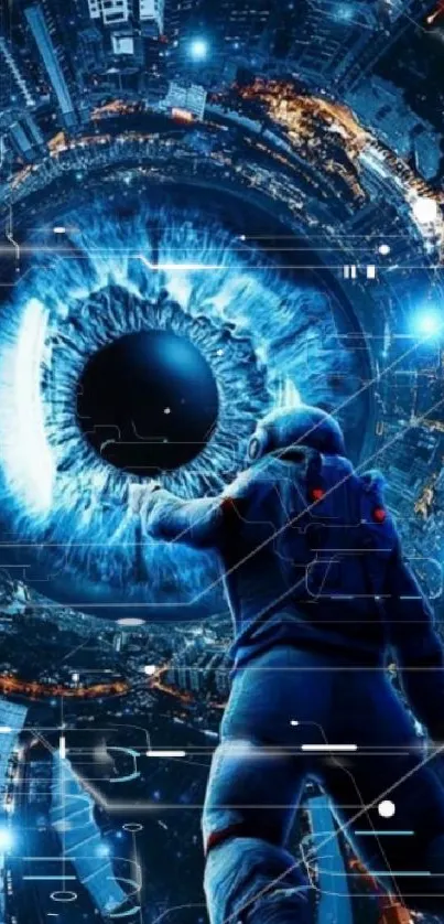 Astronaut facing a cosmic blue eye in a futuristic cityscape.