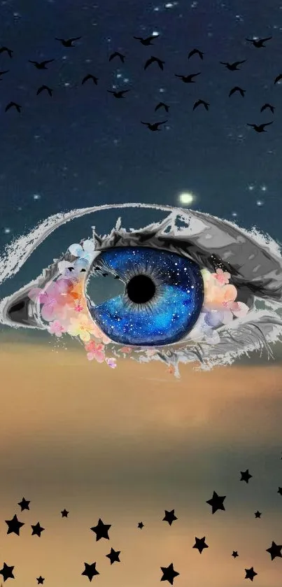 Artistic cosmic eye surrounded by floral accents in a starry sky.