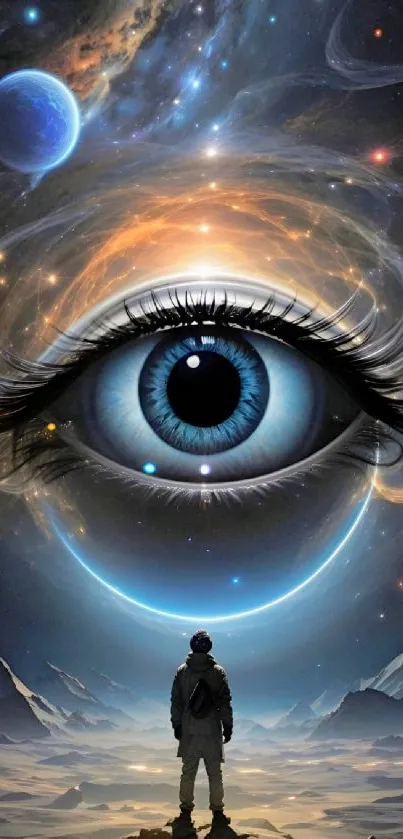 Astronaut beneath giant cosmic eye and planets