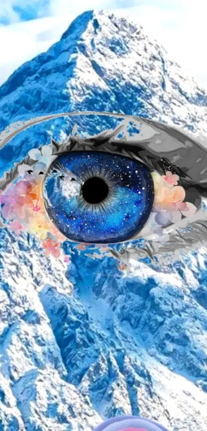 Cosmic eye design over snowy mountain landscape.