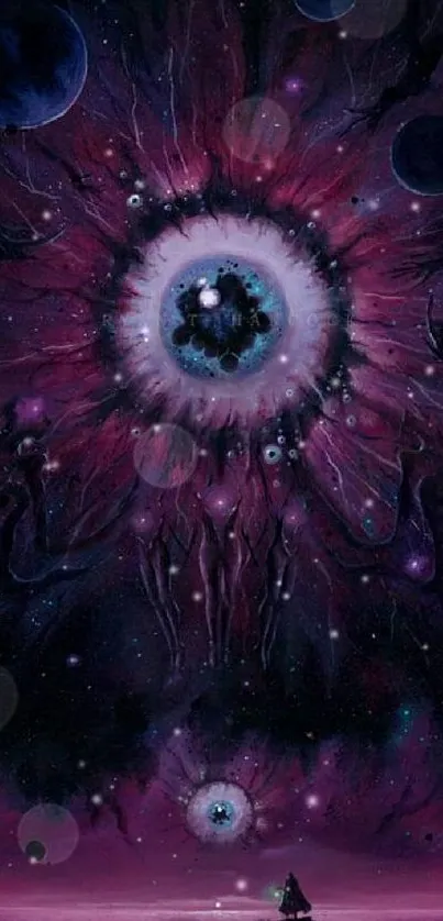 Abstract cosmic eye in purple nebula space scene with planets.