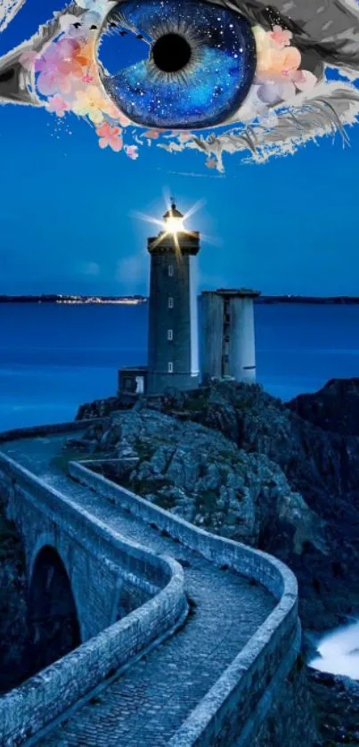 Surreal eye over lighthouse in blue seascape.