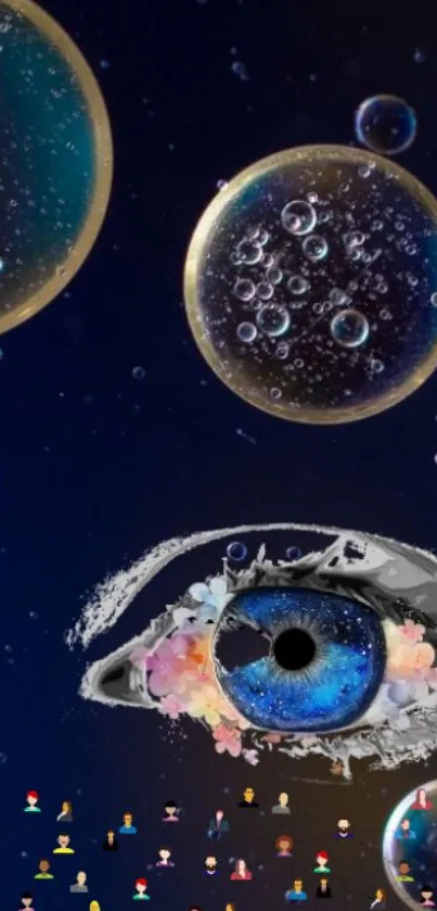 Surreal cosmic eye with bubbles in a dark blue background