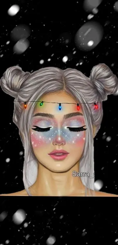 Whimsical face art with stars and glowing lights on a cosmic background wallpaper.